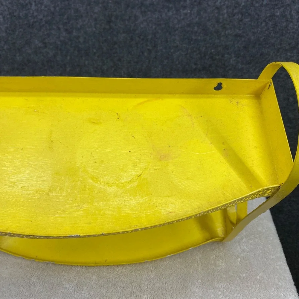 Vintage Yellow Metal 2 Tier Wall Shelf Scrollwork Gallery Rail 14x12x4
